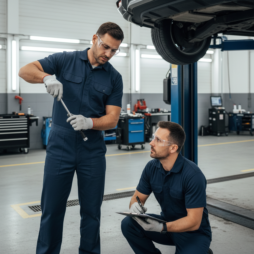 Two automotive technicians in safety gear working in a modern auto repair shop demonstrating proper tool safety and equipment inspections