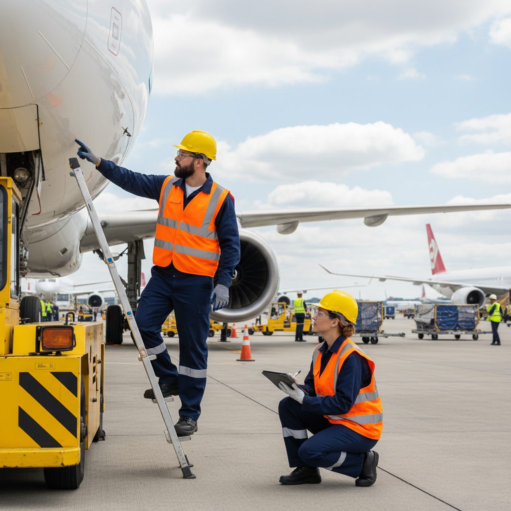 Two airport ground crew members in safety vests and hard hats on an airport tarmac conducting aircraft safety checks and demonstrating proper ground equipment handling