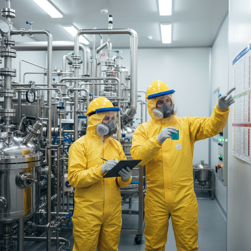 Two chemical plant workers in full protective suits and safety gear in a chemical facility demonstrating proper chemical handling procedures and safety equipment checks