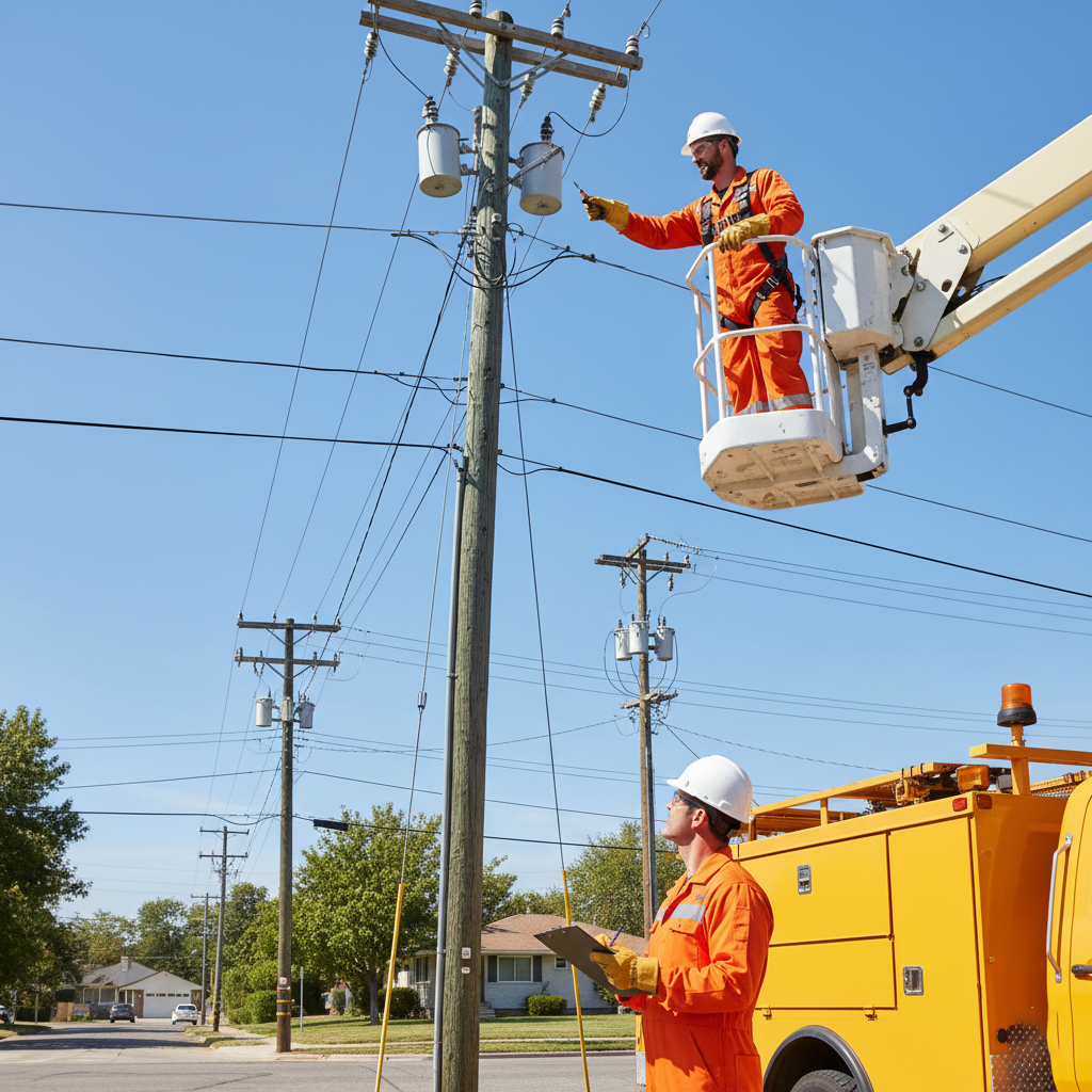 Two utility workers in safety gear and hard hats working on electrical infrastructure demonstrating proper electrical safety procedures and equipment checks