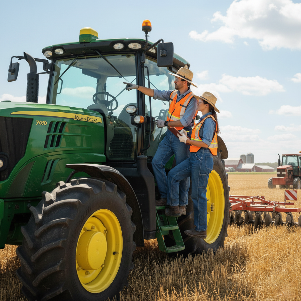 Two farm workers in safety gear operating agricultural equipment in a rural farming setting demonstrating proper machinery operation and safety procedures