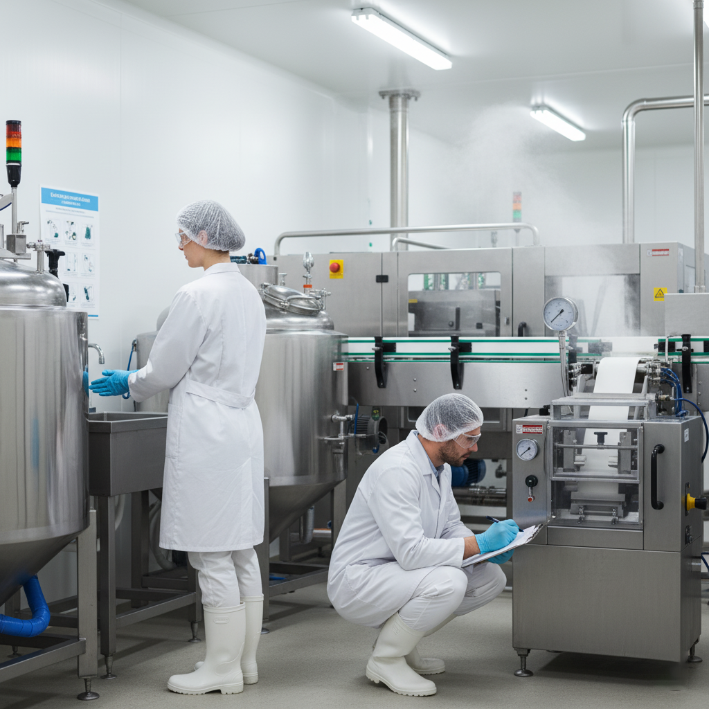 Two food processing workers in clean white uniforms and safety gear in a food production facility demonstrating proper hygiene protocols and equipment safety checks