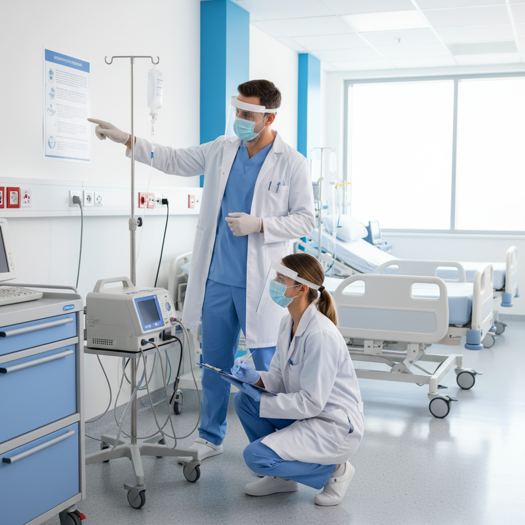 Two healthcare workers in scrubs and safety gear in a hospital setting demonstrating proper safety protocols and equipment safety checks