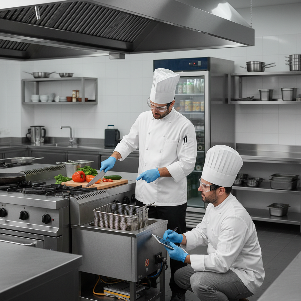 Two professional chefs in clean white uniforms and safety gear in a modern restaurant kitchen demonstrating proper food safety procedures and equipment safety checks
