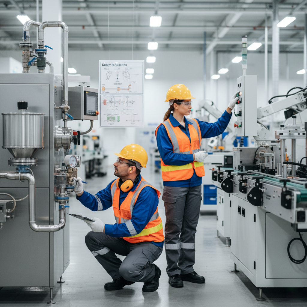 Two factory workers in safety uniforms and protective equipment operating industrial machinery in a clean manufacturing facility conducting equipment safety checks and demonstrating proper machine operation protocols