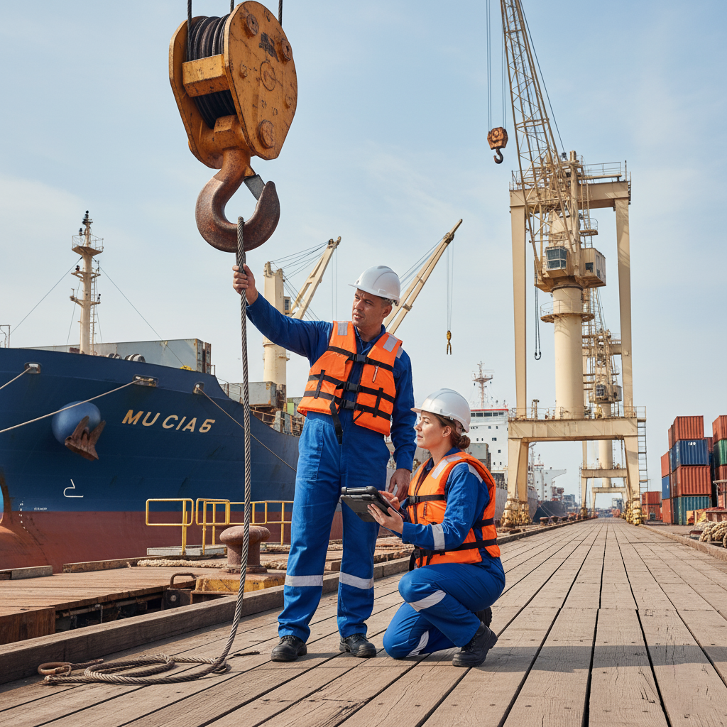 Two shipyard workers in safety gear and life jackets working on a dock or ship demonstrating proper rigging safety and conducting equipment inspections