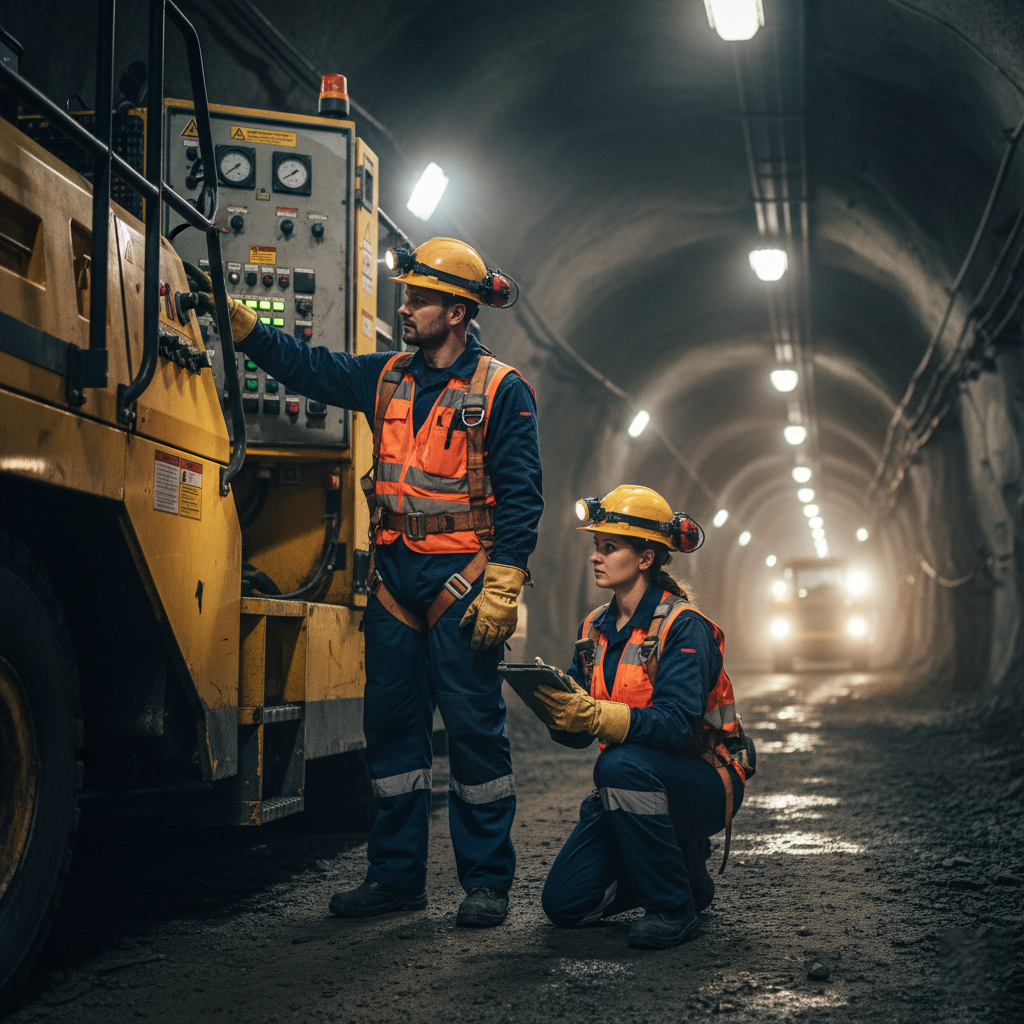 Two miners in full safety gear including hard hats, reflective vests, and headlamps in an underground mine conducting safety inspections and demonstrating proper equipment operation