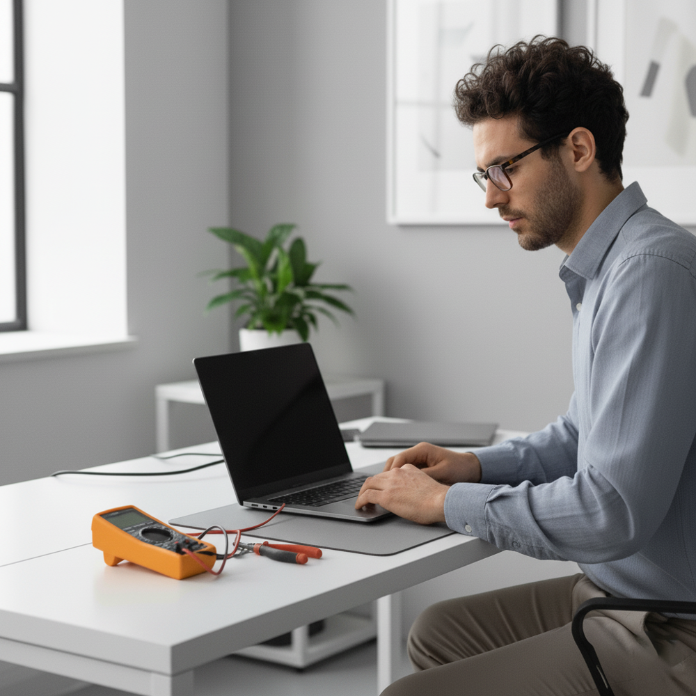 Professional construction worker using laptop to access training account in clean office setting