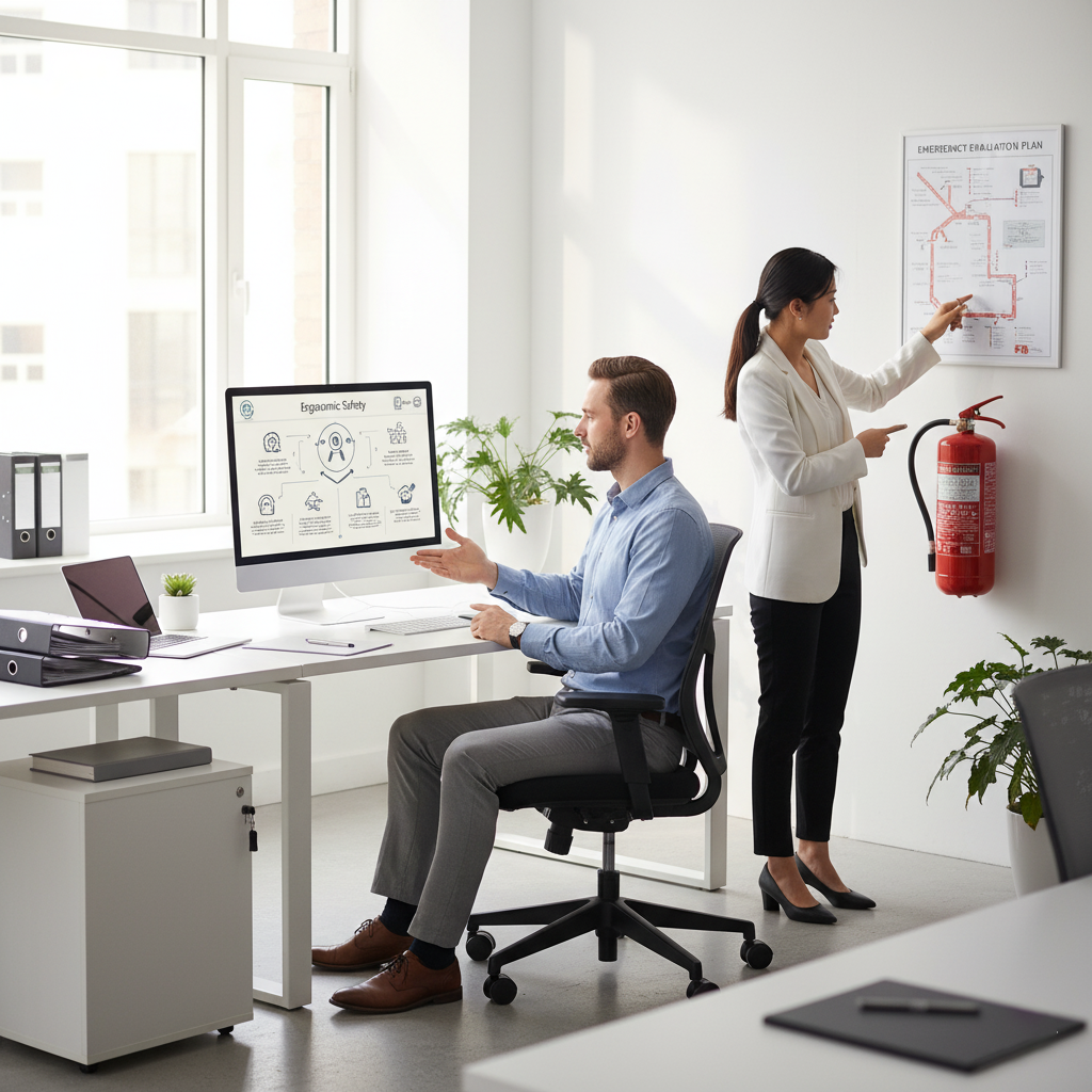 Two office workers in business attire conducting workplace safety training in a modern corporate office demonstrating ergonomic safety and emergency procedures