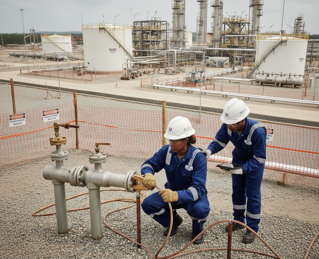 A professional oil and gas worker in full PPE (hard hat, safety glasses, flame-resistant coveralls) performing electrical bonding and grounding procedures on industrial equipment at an oil rig or refinery. The worker connects bonding cables to metal equipment, with visible electrical safety equipment like grounding rods, bonding clamps, and safety barriers. Active oil and gas facility with industrial equipment, pipes, and safety signage in the background.