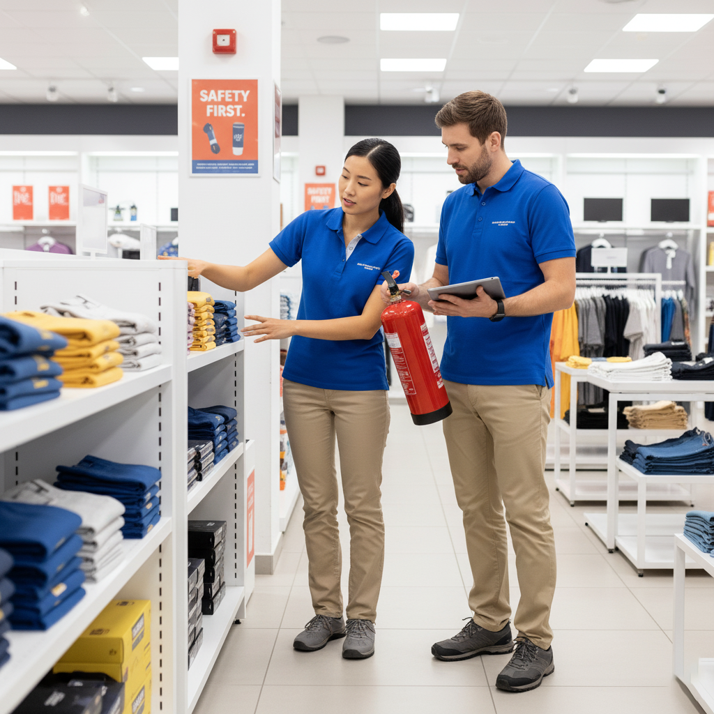 Two retail employees in uniforms conducting safety training in a modern retail store demonstrating customer safety procedures and equipment handling