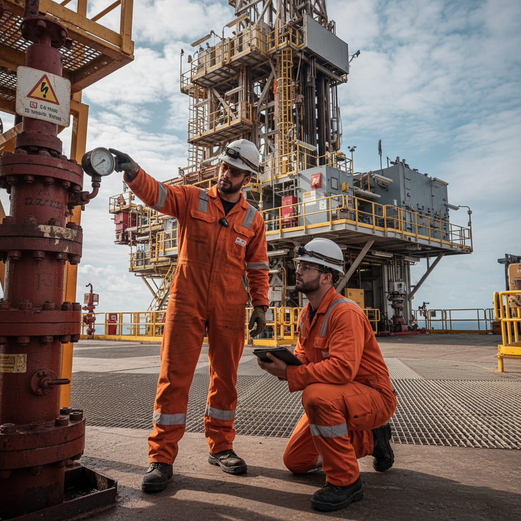 Two oil rig workers in full PPE including flame-resistant coveralls, hard hats, and safety glasses on an offshore drilling platform conducting safety inspections and demonstrating proper rig safety procedures