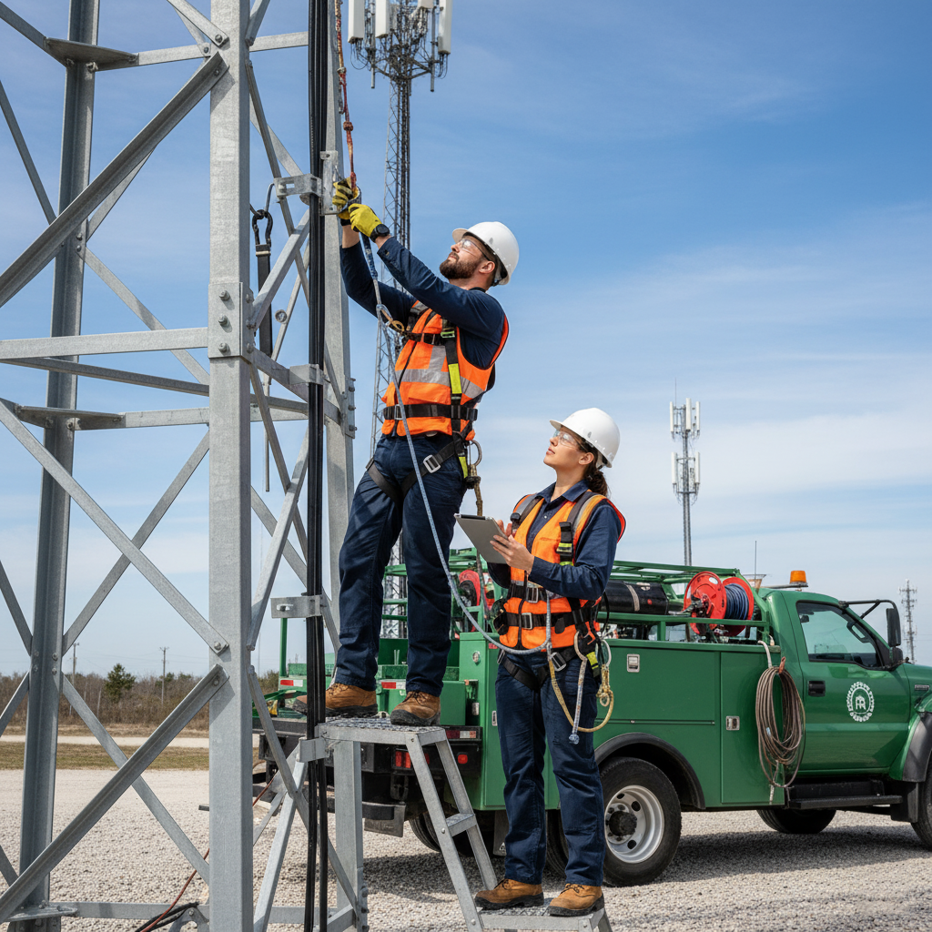 Two telecom technicians in safety gear working on communication infrastructure demonstrating proper climbing safety and conducting equipment inspections