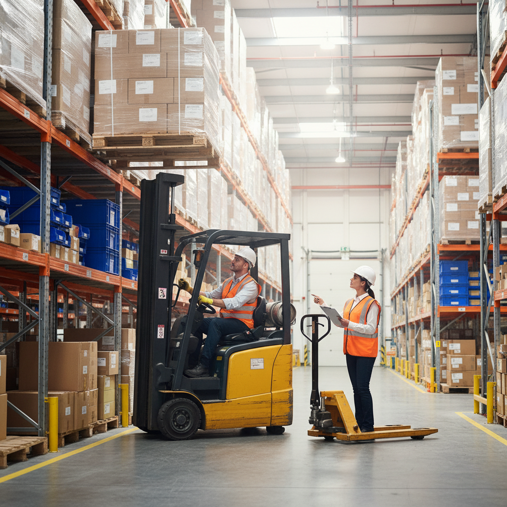 Two warehouse workers in safety vests and hard hats operating forklifts in a modern distribution center demonstrating proper equipment operation and conducting safety procedures