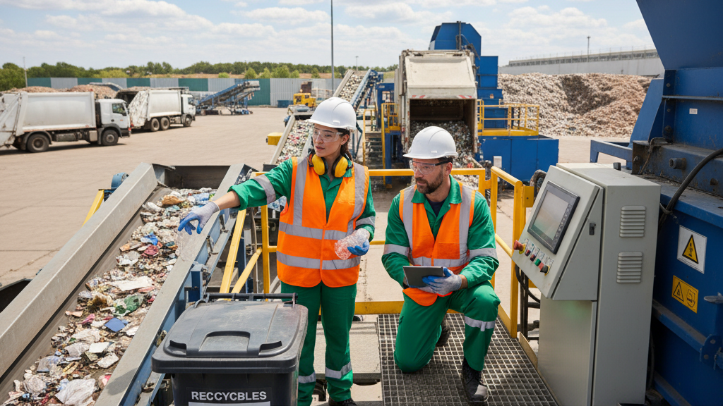 Two waste management workers in safety vests and protective gear at a waste facility demonstrating proper waste handling procedures and conducting equipment safety checks